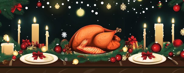 Festive holiday dinner table with roasted turkey, candles, and Christmas decorations creating a warm and inviting atmosphere.