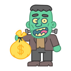 Monster holds bag of money and smiles