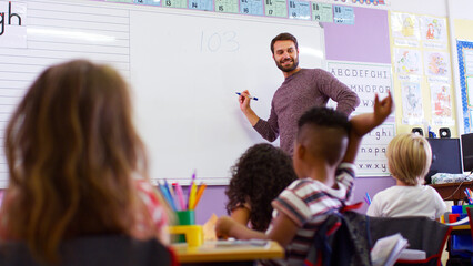 Male Teacher Standing At Whiteboard Teaching Maths Lesson To Elementary Pupils In School Classroom