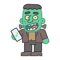 Monster holds smartphone and smiles