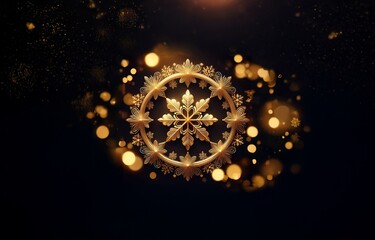 A golden snowflake stands out against a black background, with a golden bokeh effect.