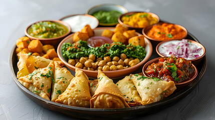 A plate of samosa chaat with crispy samosas, chickpeas, yogurt, and chutneys