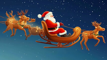 Christmas scene featuring Santa Claus riding a sleigh with reindeer under a starry night sky, spreading holiday cheer and magic.
