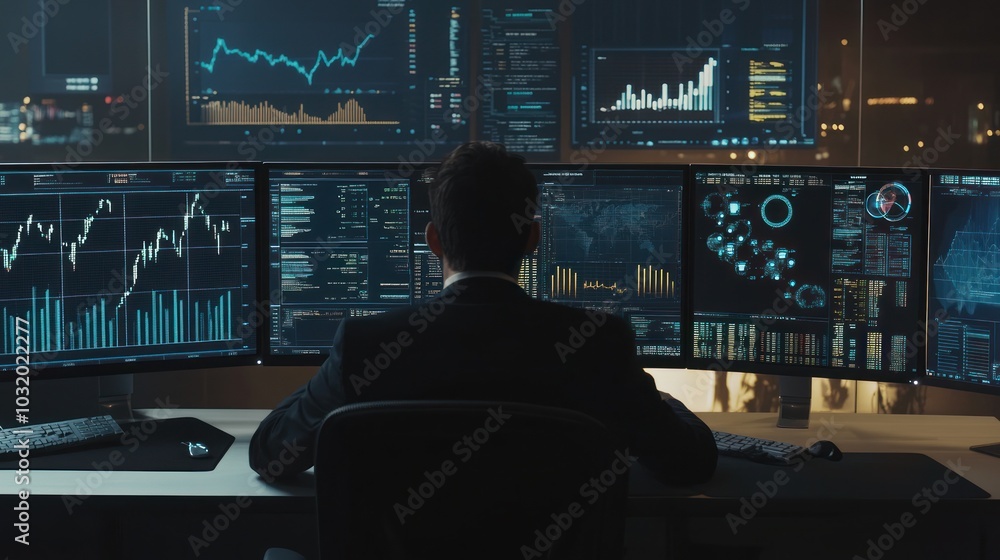 Poster businessman analyzing data on multiple screens