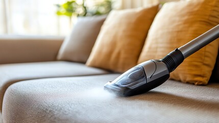 Fototapeta premium Vacuum cleaning a couch in a bright and fresh living room.