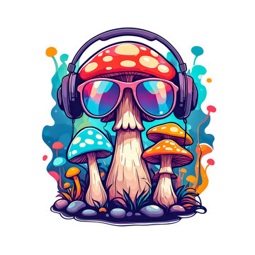 recommend clip art: Illustration of Mushrooms with headphones and sunglasses on white background.