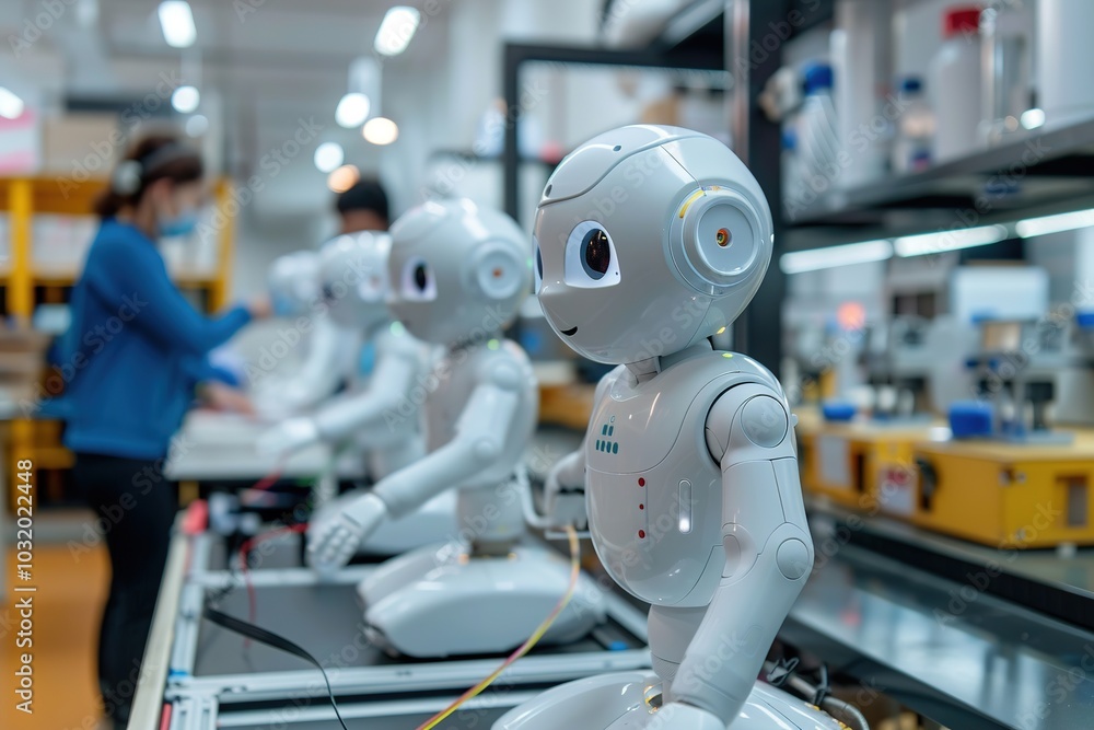 Poster robots lined up in production line with human interaction
