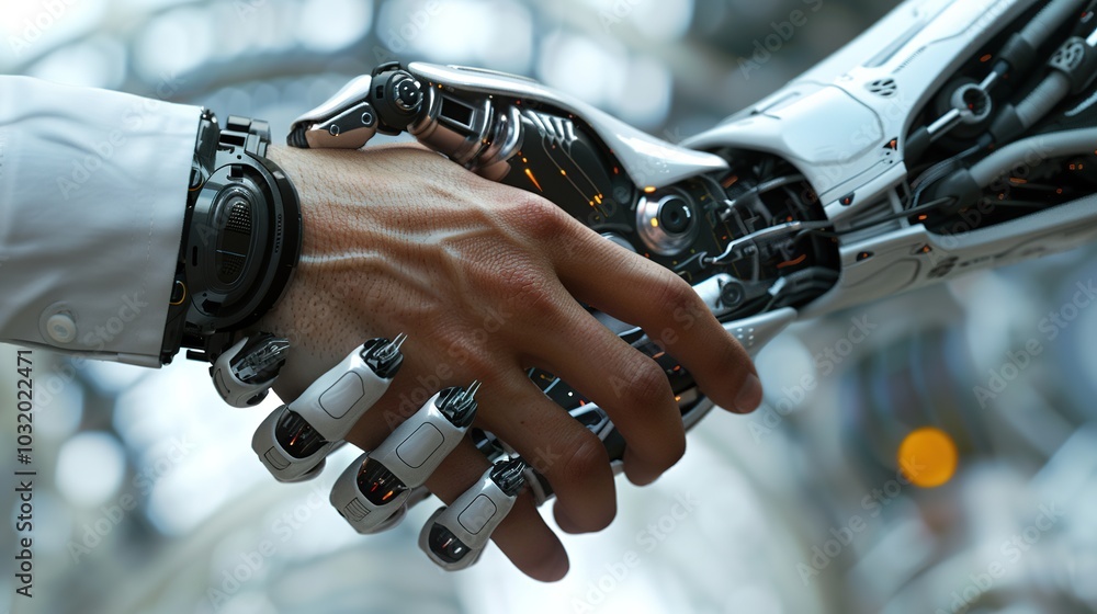 Poster human hand touching robot counterpart in symbolic gesture