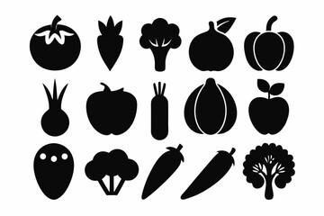 Set of simple black vector icons, and vegetable silhouettes on a white background. vegetable food silhouette vector illustration