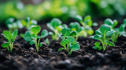 Obraz premium A close-up view of vibrant green seedlings emerging from the soil in a spring garden, symbolizing growth and renewal