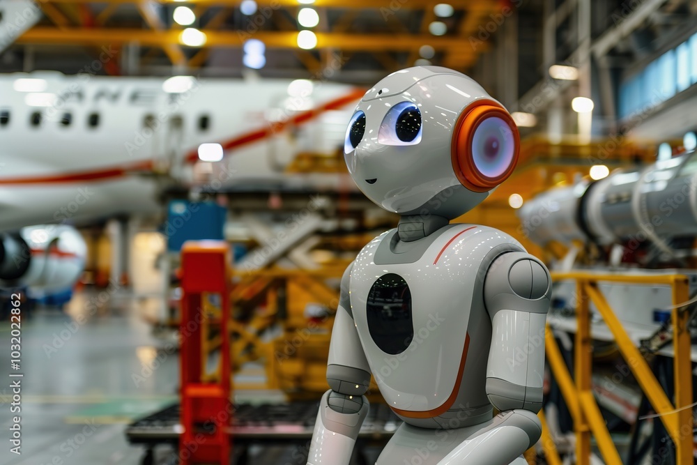 Poster robot in aircraft factory, symbolizing advanced automation