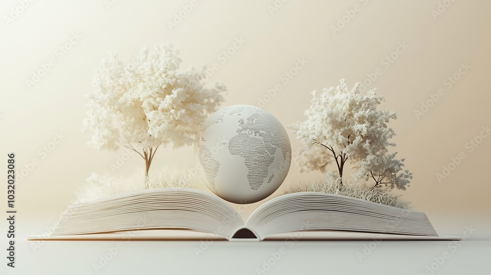 Poster minimalist 3d illustration for world book day showcasing a simple open book with a small globe and d