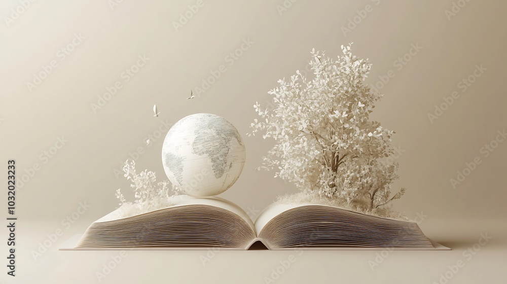 Aufkleber minimalist 3d illustration for world book day showcasing a simple open book with a small globe and d