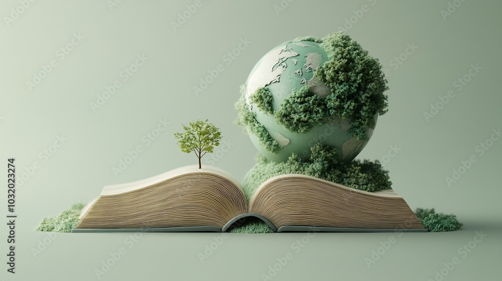 Aufkleber minimalist 3d illustration for world book day showcasing a simple open book with a small globe and d