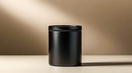 Black cylindrical metal container with lid on a neutral background, studio lighting