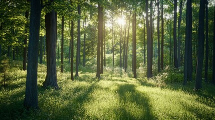 Naklejka premium Peaceful Forest Sunlit Pathway Through Lush Greenery