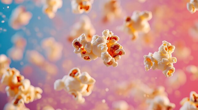 Floating popcorn against an abstract cinema background
