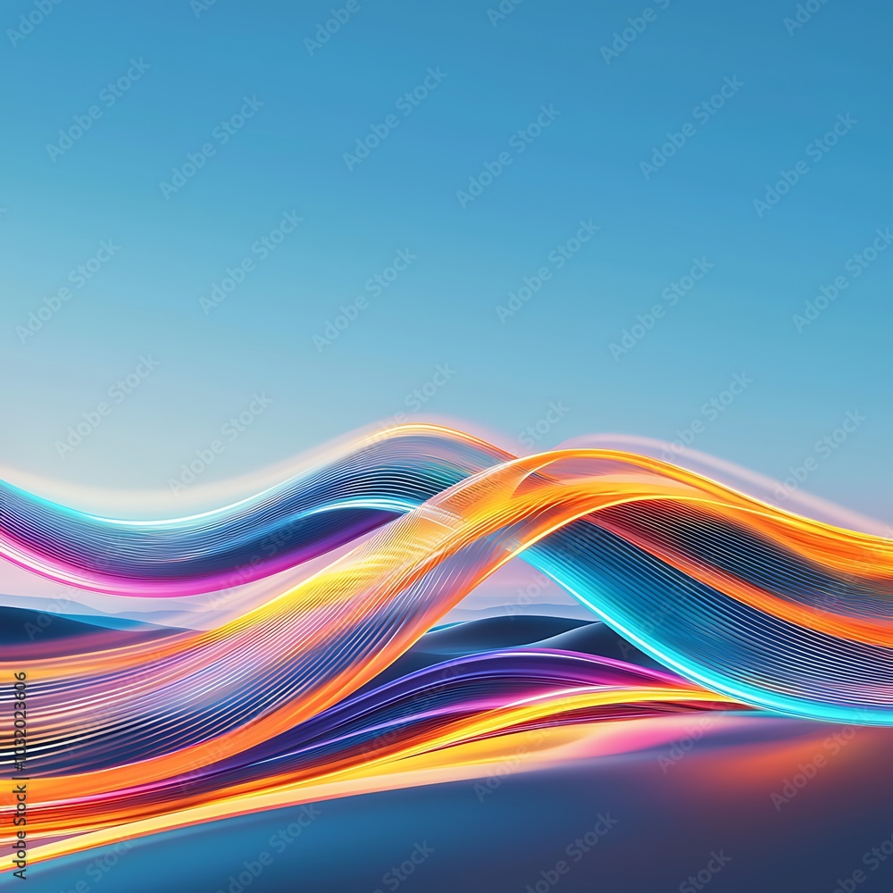 Poster vibrant and colorful wave patterns flow across a bright blue sky, creating an abstract visual repres