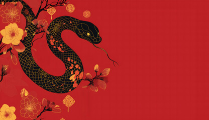 Obraz premium Chinese New Year 2025, year of the Snake. Chinese zodiac. Red, yellow snake and flowers. Happy New Year festival of happiness. Banner, postcard/ Copy space, empty layout