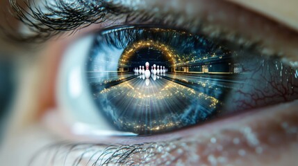 Bowlers eye with lane reflections showcasing pinfall scenarios