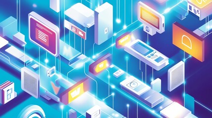 Futuristic digital network with glowing tech devices interconnected on a blue background, illustrating modern technology and innovation.