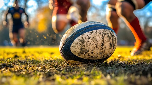 A rugby ball lays on a field with players in the background.
