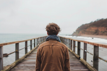 Fototapeta premium Elegant young man walking on the bridge during sunset generative AI