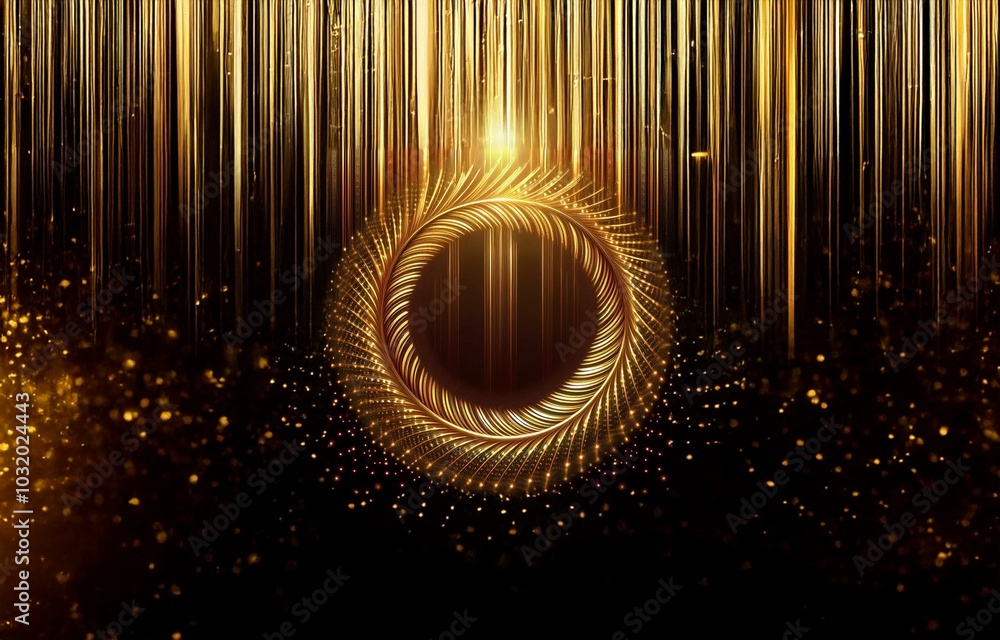 Poster golden circular frame with shimmering lights and vertical lines on a black background.