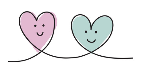 繋がる顔入りハート2つ_ピンク色と青緑色