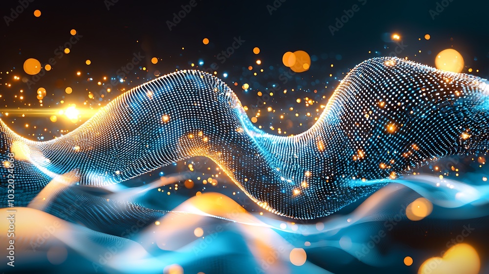 Poster this captivating abstract image showcases a flowing light wave, adorned with vibrant particles. idea