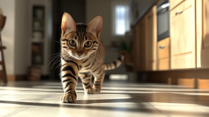 A Bengal cat walking on the kitchen floor.