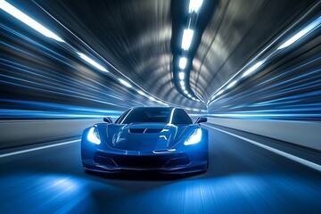 Fototapeta premium Speeding Sports Car On Neon Highway. Powerful acceleration of a supercar on a night track with colorful lights and trails. 3d render
