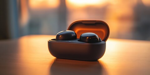 Black wireless earbuds in charging case.