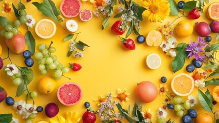 A variety of fruit and flowers arranged around a yellow background.