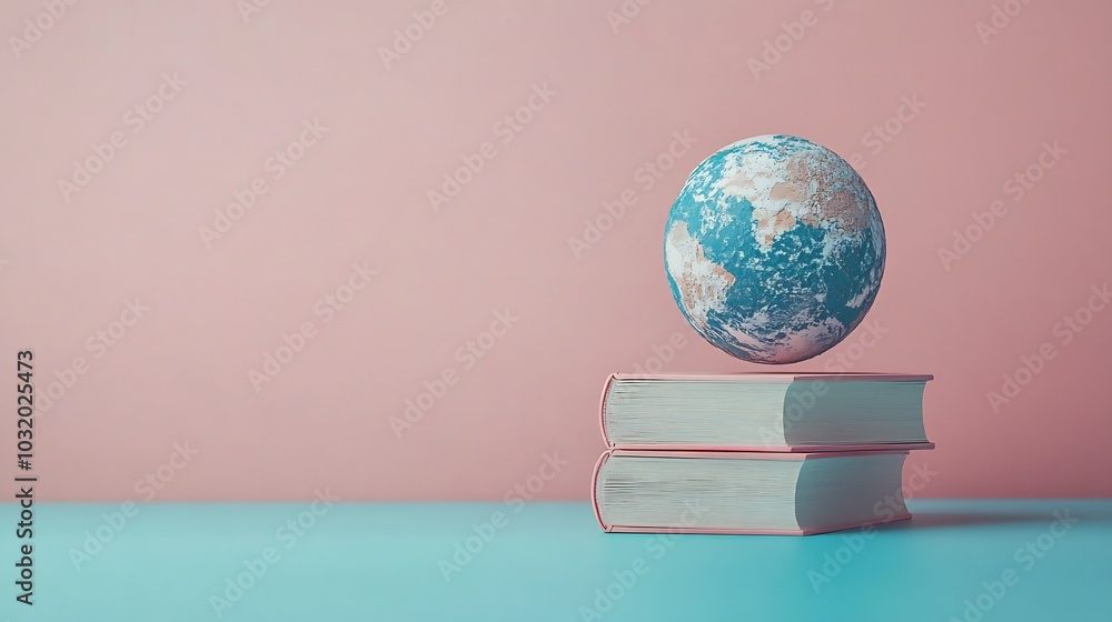 Poster minimalist literacy day concept showcasing a novel with a 3d globe hovering above representing the g