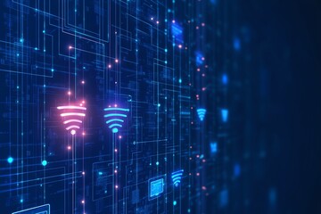 Obraz premium Digital network background with glowing wireless symbols. Technology and communication concept with futuristic grid and blue hues.
