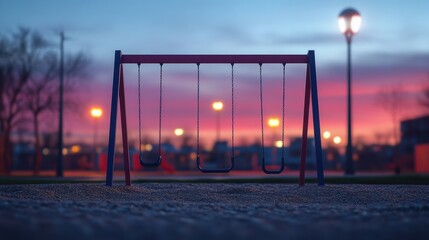 Empty playground swings at sunset in a quiet park, evoking nostalgia and serenity