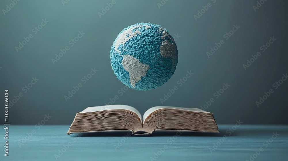 Poster minimalist literacy day concept showcasing a novel with a 3d globe hovering above representing the g