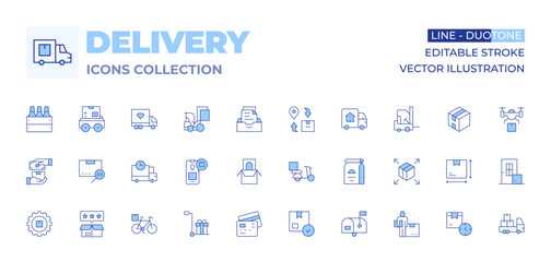 Delivery icons collection. Line Duotone style, editable stroke. cash on delivery, delivery, food package, mailbox, box, credit card payment, barcode, best product, bike