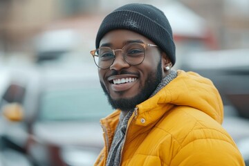 Fototapeta premium Happy black man touching new auto, after buying in salon selective focus, Generative AI