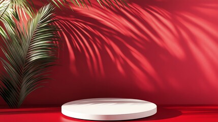 Obraz premium White pedestal with palm leaf shadows on a red background.
