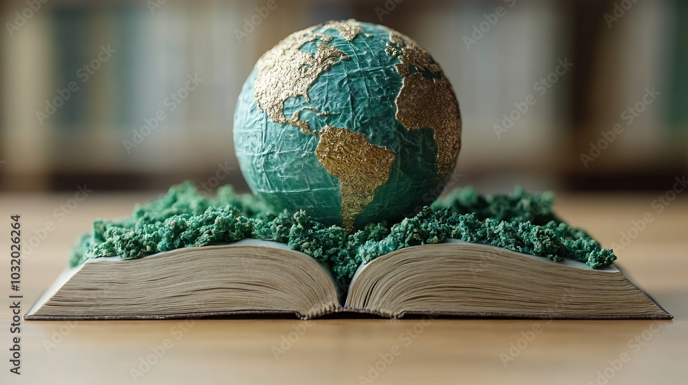 Poster minimalist literacy day concept showcasing a novel with a 3d globe hovering above representing the g