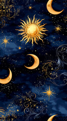 Fototapeta premium A seamless background with a rich blue canvas adorned with radiant golden suns, crescent moons, and twinkling stars
