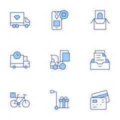 Delivery icons set. Line Duotone style, editable stroke. delivery truck, box, credit card payment, delivery, bike, construction vehicle