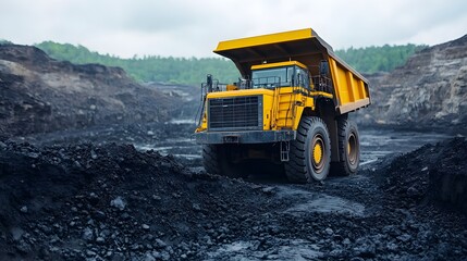 Obraz premium A yellow dump truck is parked in a coal mine, surrounded by dark soil and rocky terrain under a cloudy sky, showcasing heavy machinery in mining operations.