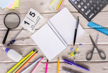 November calendar with number  15. Copy of space note. Top view of blank notepad. Space for text in...