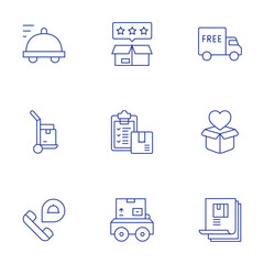 Delivery icons set. Thin Line style, editable stroke. best product, checklist, delivery, free delivery, heart, order, food delivery, hand truck, order food