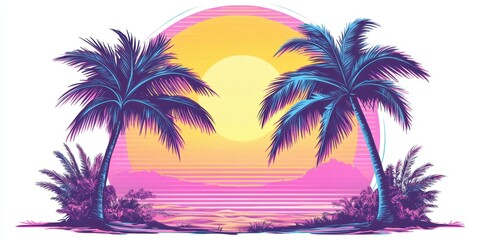 Fototapeta premium Two palm trees at sunset with retro filter.