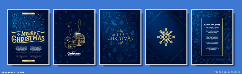 Blue and Gold Patterned Christmas Poster Designs for greeting cards and layouts with copy space. Gold Merry Christmas Typography and golden ornaments. Soft blue winter holiday pattern design. Vector.