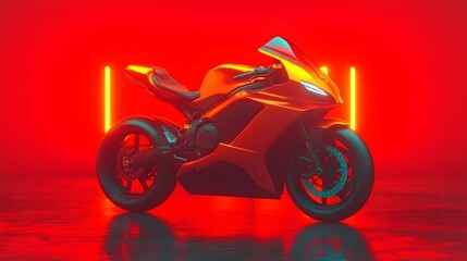 Fototapeta premium A sleek orange motorcycle is illuminated by dramatic red neon lights, showcasing its modern design against a reflective surface.